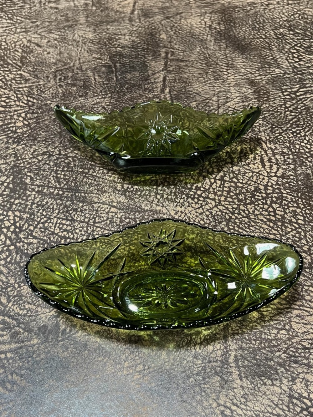 Vintage Anchor Hocking Avocado Green Glass Relish Dish Set of 2, Star of David